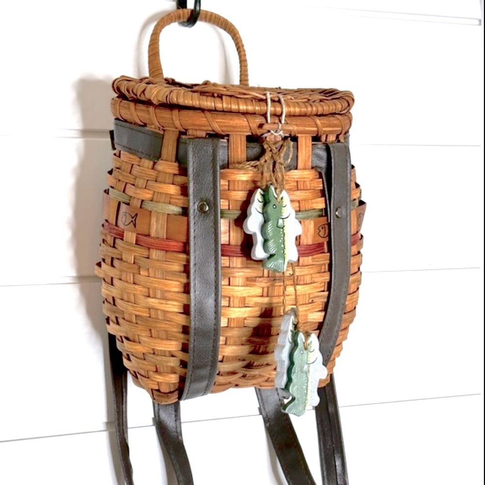 1980s Vintage Decor Wicker Fishing Basket Backpack Creole Woven Basket